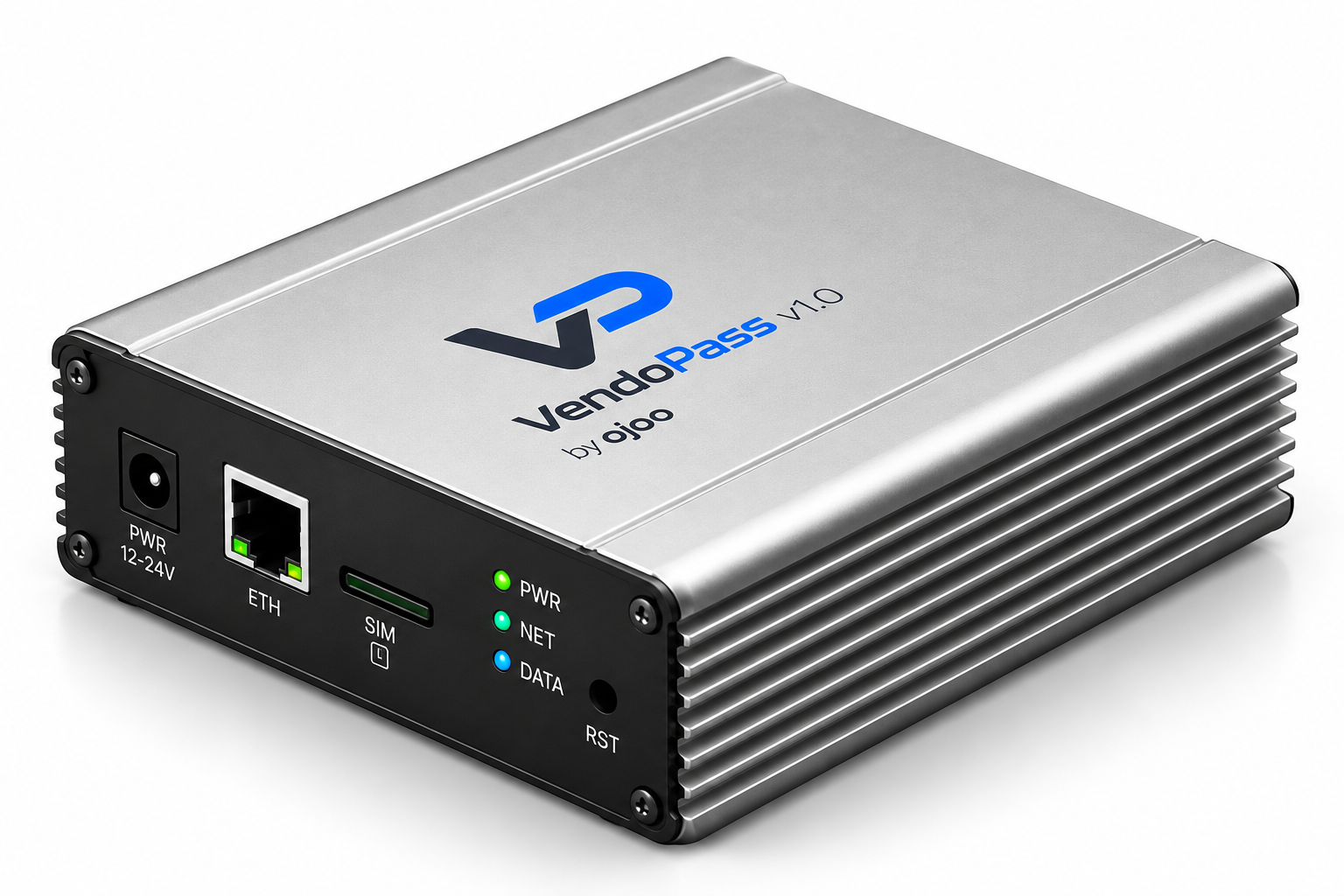 Silver aluminium VendoPass v1.0 controller by ojoo — supplied product render